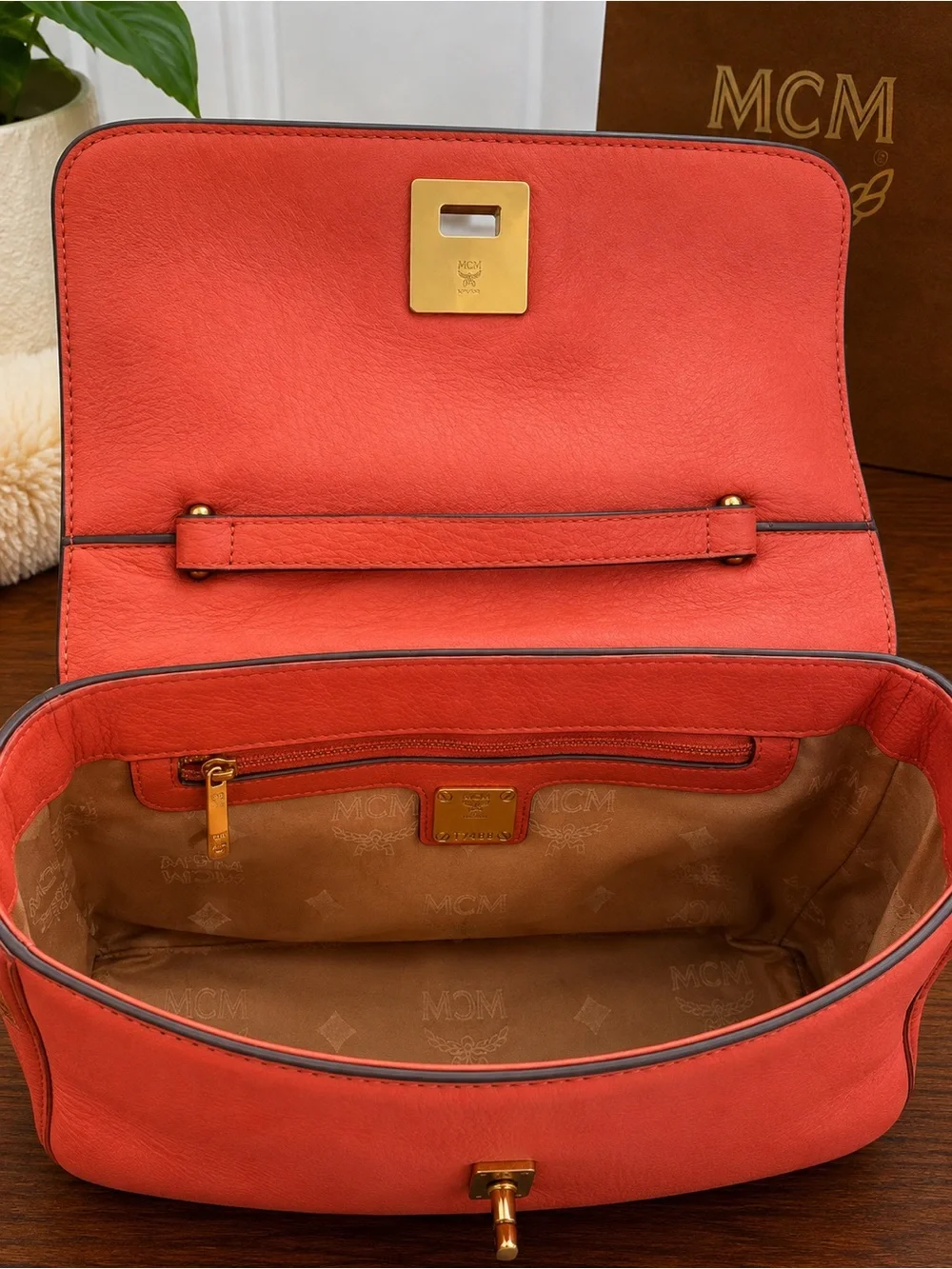 MCM Coral Pebbled Leather Turn Lock Satchel Shoulder Bag Authenticated